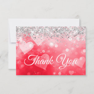 Sparkly Silver Glitter Red Pink Gradient Hearts Thank You Card