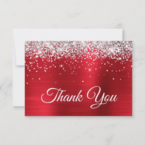 Sparkly Silver Glitter Red Satin Ombre Foil Thank You Card