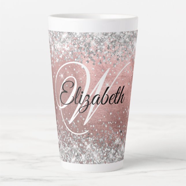 Sparkly Silver Glitter Rose Blush Foil Monogram Latte Mug (Front)
