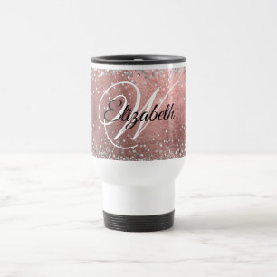 Sparkly Silver Glitter Rose Blush Foil Monogrammed Travel Mug
