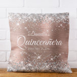 Sparkly Silver Glitter Rose Gold Foil Quinceañera Throw Pillow<br><div class="desc">Fabulous quinceañera girly glam throw pillow for your daughter. The front features the number fifteen in a puffy balloon text image. The background image features a girly glam pink blush and rose gold ombre brushed metal style foil with faux silver glitter digital art graphics. On the backside, you can customize...</div>