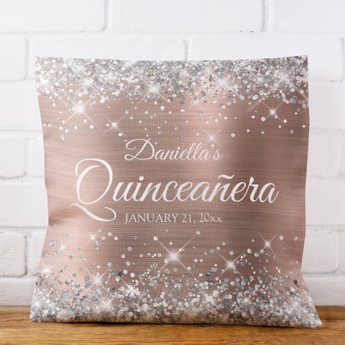 Sparkly Silver Glitter Rose Gold Foil Quinceaera Throw Pillow