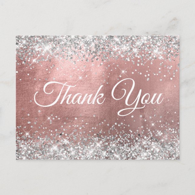 Sparkly Silver Glitter Rose Gold Foil Thank You Postcard (Front)