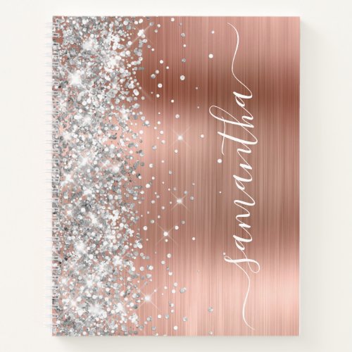 Sparkly Silver Glitter Rose Gold Glam Girly Name Notebook