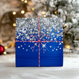 Sparkly Silver Glitter Royal Blue Faux Foil Wrapping Paper Sheets