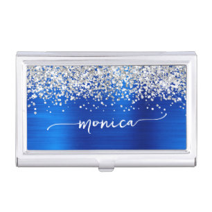 Sparkly Silver Glitter Royal Blue Glam Name Business Card Case
