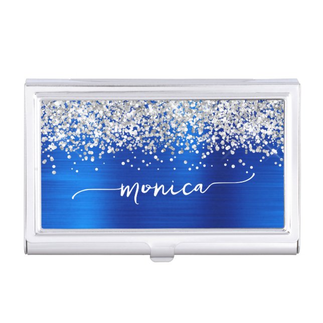 Sparkly Silver Glitter Royal Blue Glam Name Business Card Case (Front)