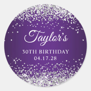 Sparkly Silver Glitter Royal Purple 30th Birthday Classic Round Sticker