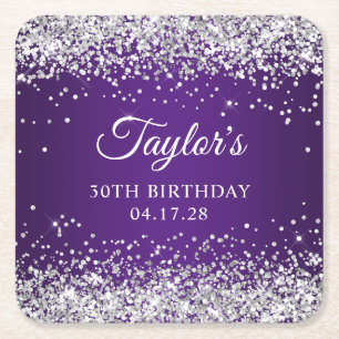 Sparkly Silver Glitter Royal Purple 30th Birthday Square Paper Coaster