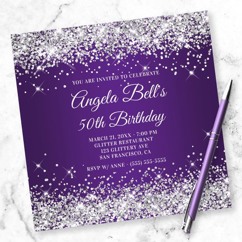 Sparkly Silver Glitter Royal Purple 50th Birthday Invitation
