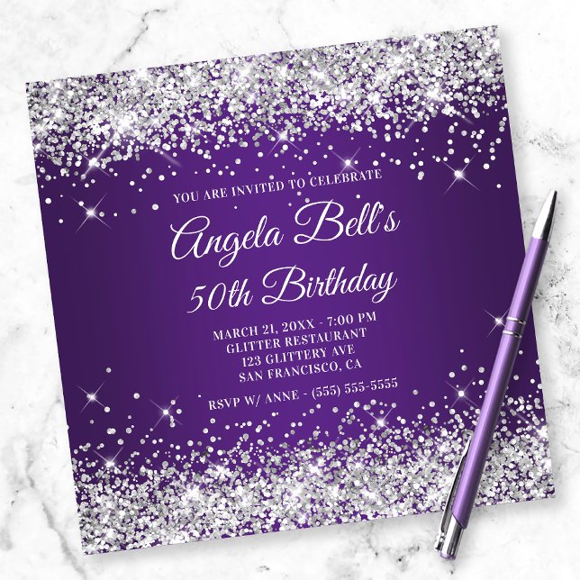 Sparkly Silver Glitter Royal Purple 50th Birthday Invitation (Creator Uploaded)