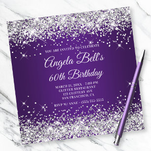 Sparkly Silver Glitter Royal Purple 60th Birthday Invitation