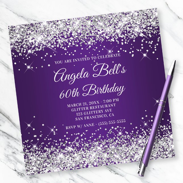 Sparkly Silver Glitter Royal Purple 60th Birthday Invitation (Creator Uploaded)