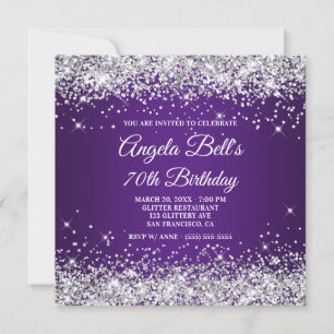 Sparkly Silver Glitter Royal Purple 70th Birthday Invitation