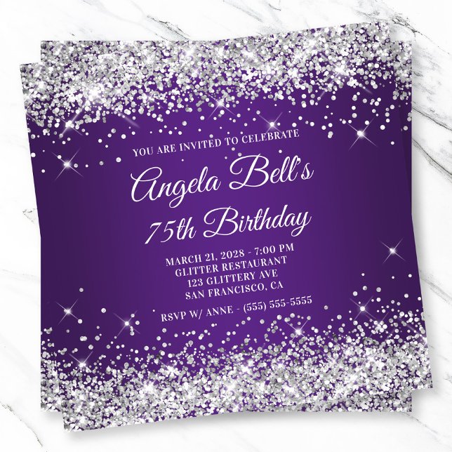 Sparkly Silver Glitter Royal Purple 75th Birthday Invitation (Sparkly Silver Glitter Royal Purple 75th Birthday Invitation)