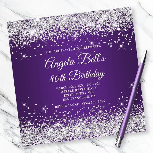 Sparkly Silver Glitter Royal Purple 80th Birthday Invitation