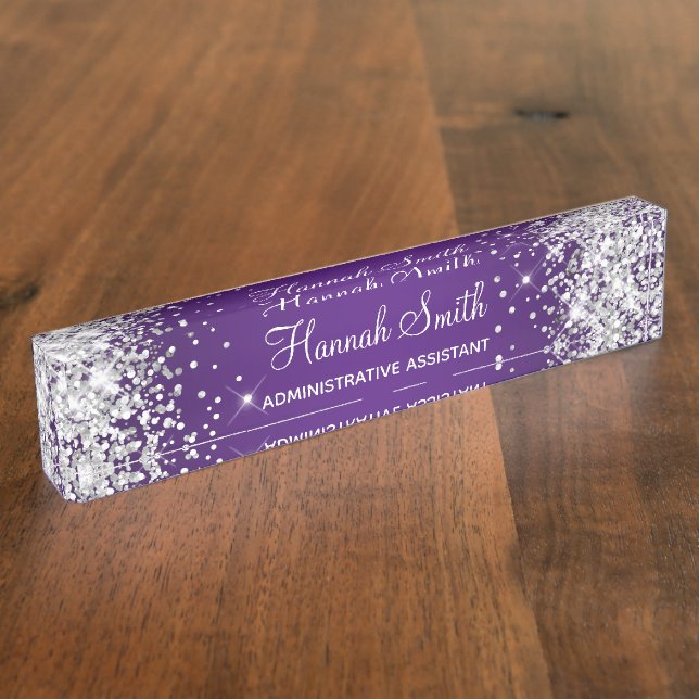 Sparkly Silver Glitter Royal Purple Desk Name Plate (Side)