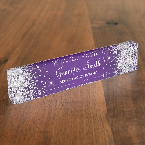 Sparkly Silver Glitter Royal Purple Gradient Desk Name Plate