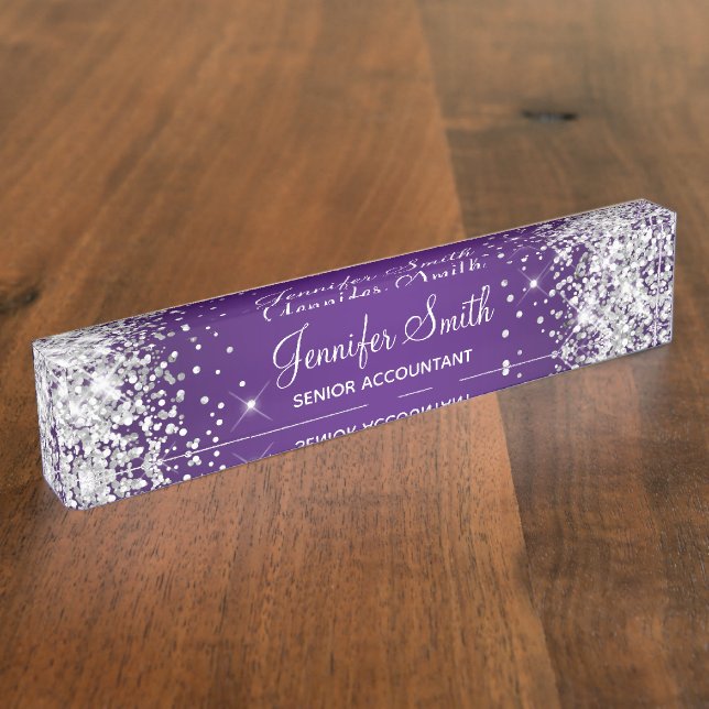 Sparkly Silver Glitter Royal Purple Gradient Desk Name Plate (Side)