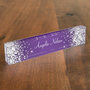 Sparkly Silver Glitter Royal Purple Ombre Desk Name Plate