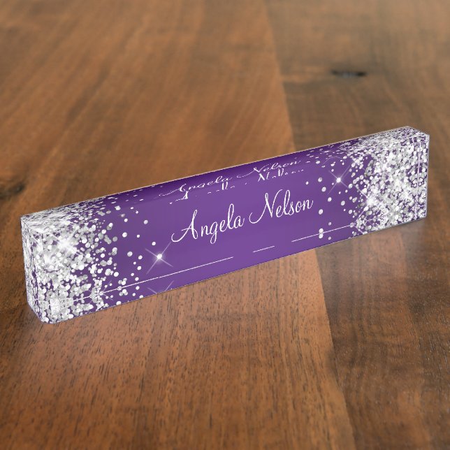 Sparkly Silver Glitter Royal Purple Ombre Desk Name Plate (Side)