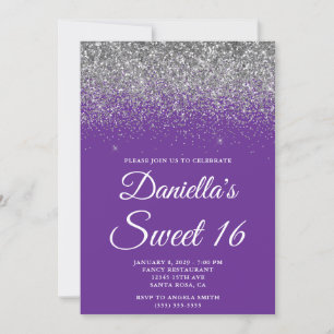 Sparkly Silver Glitter Royal Purple Sweet 16 Invitation