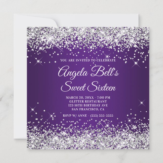 Sparkly Silver Glitter Royal Purple Sweet Sixteen Invitation (Front)