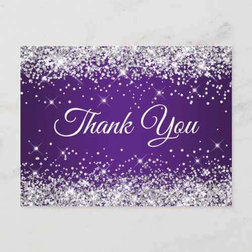 Sparkly Silver Glitter Royal Purple Thank You Postcard