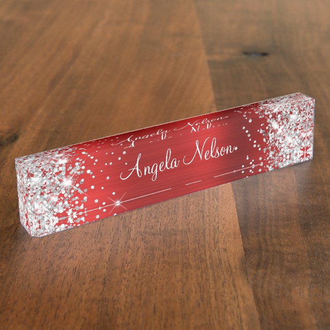 Sparkly Silver Glitter Ruby Red Foil Desk Name Plate (Side)