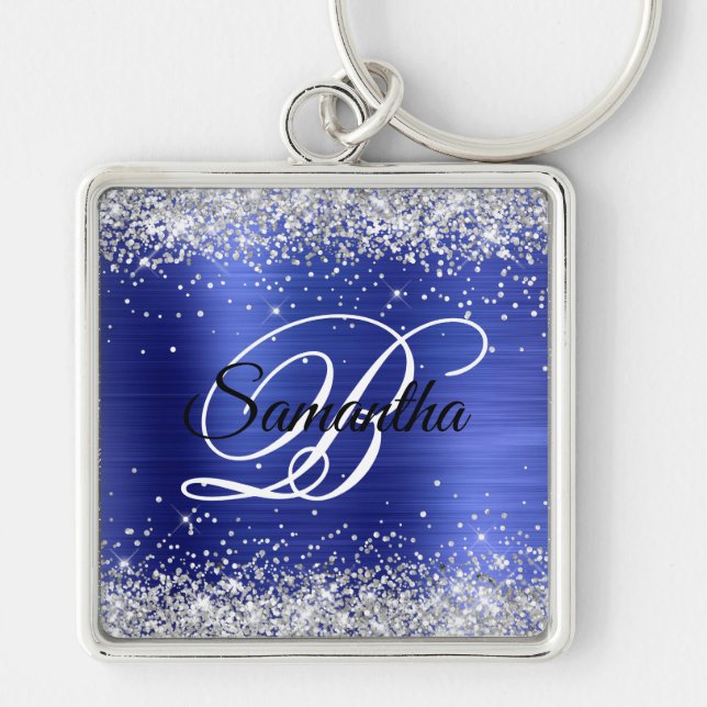 Sparkly Silver Glitter Sapphire Blue Foil Monogram Keychain (Front)