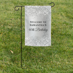 Sparkly Silver Glitter Satin Foil 40th Birthday Garden Flag