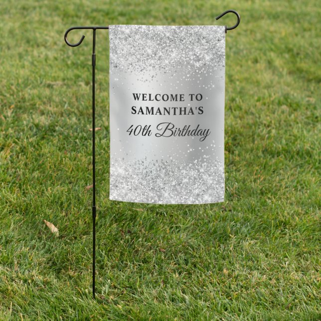 Sparkly Silver Glitter Satin Foil 40th Birthday Garden Flag (In SItu)