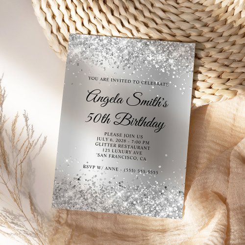 Sparkly Silver Glitter Satin Foil 50th Birthday Invitation