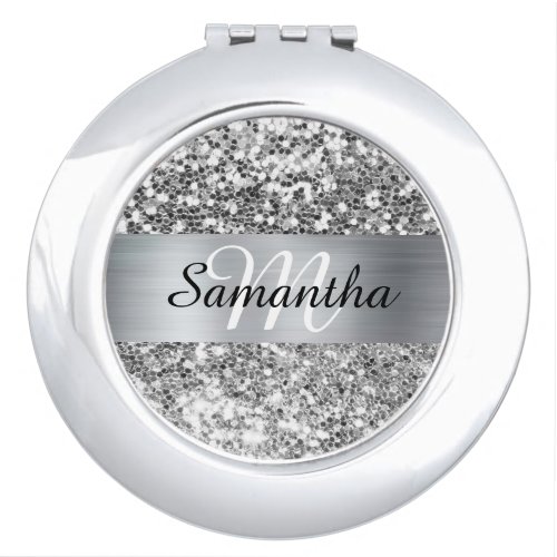 Sparkly Silver Glitter Shimmer Foil Monogram Compact Mirror