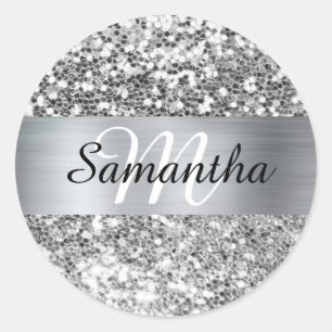 Sparkly Silver Glitter Shimmer Monogram Classic Round Sticker