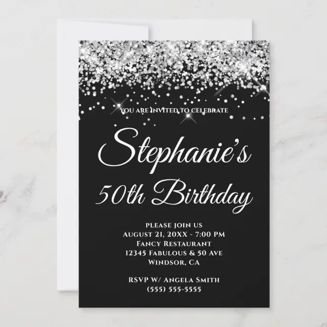 Sparkly Silver Glitter Solid Black Background Invitation | Zazzle