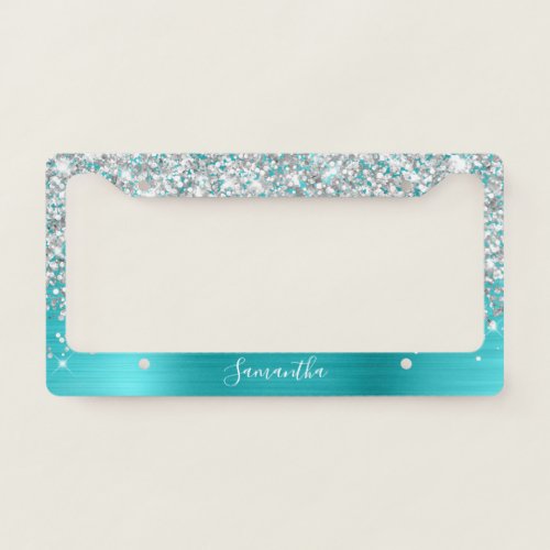 Sparkly Silver Glitter Turquoise Blue Foil License Plate Frame