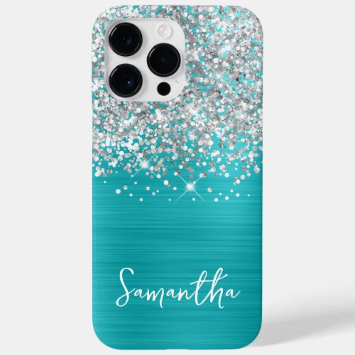 Sparkly Silver Glitter Turquoise Blue Glam Name Case_Mate iPhone 14 Pro Max Case