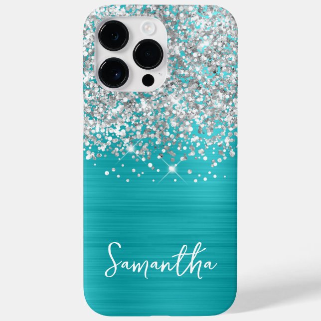 Sparkly Silver Glitter Turquoise Blue Glam Name Case-Mate iPhone Case (Back)