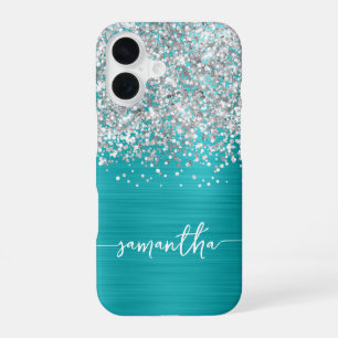 Sparkly Silver Glitter Turquoise Blue Glam Name iPhone 16 Case