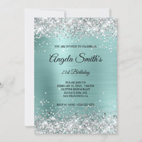 Sparkly Silver Glitter Turquoise Foil Monogram Invitation