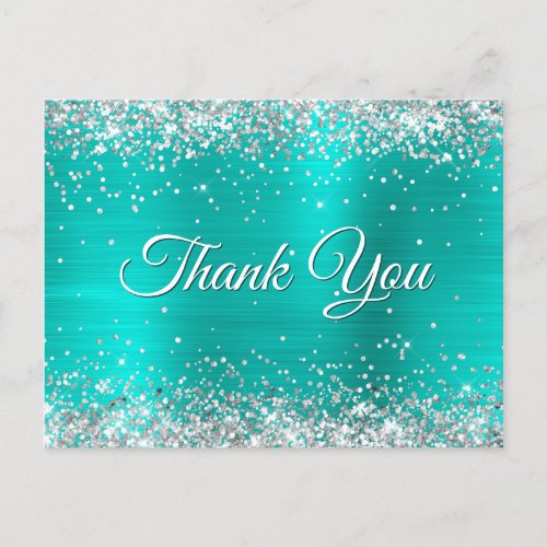 Sparkly Silver Glitter Turquoise Foil Thank You Postcard