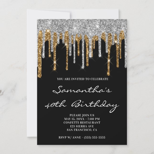 Sparkly Silver Gold Glitter Drips Black Birthday Invitation (Front)