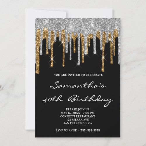 Sparkly Silver Gold Glitter Drips Black Birthday Invitation