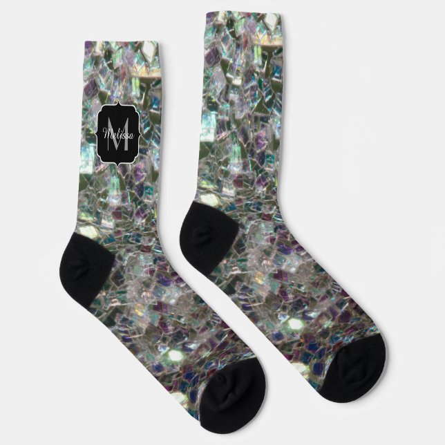 Sparkly silver gray mosaic faux glitter Monogram Socks (Right)