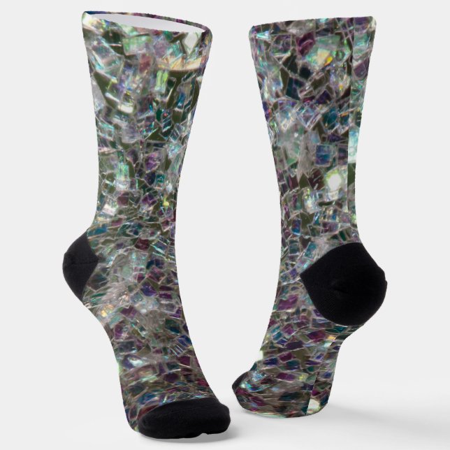 Sparkly silver gray mosaic faux glitter socks (Angled)