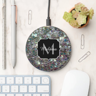 Sparkly silver gray mosaic glitter Monogram Wireless Charger