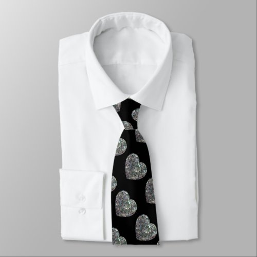 Sparkly silver Heart pattern black Valentines day Neck Tie