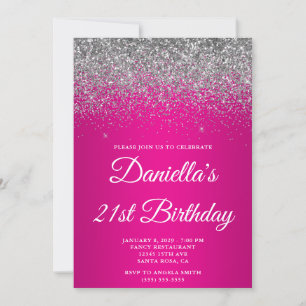 Sparkly Silver Hot Pink Gradient 21st Birthday Invitation