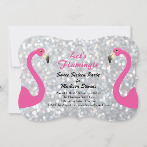 Sparkly Silver Lets Flamingle Sweet Sixteen Invitation